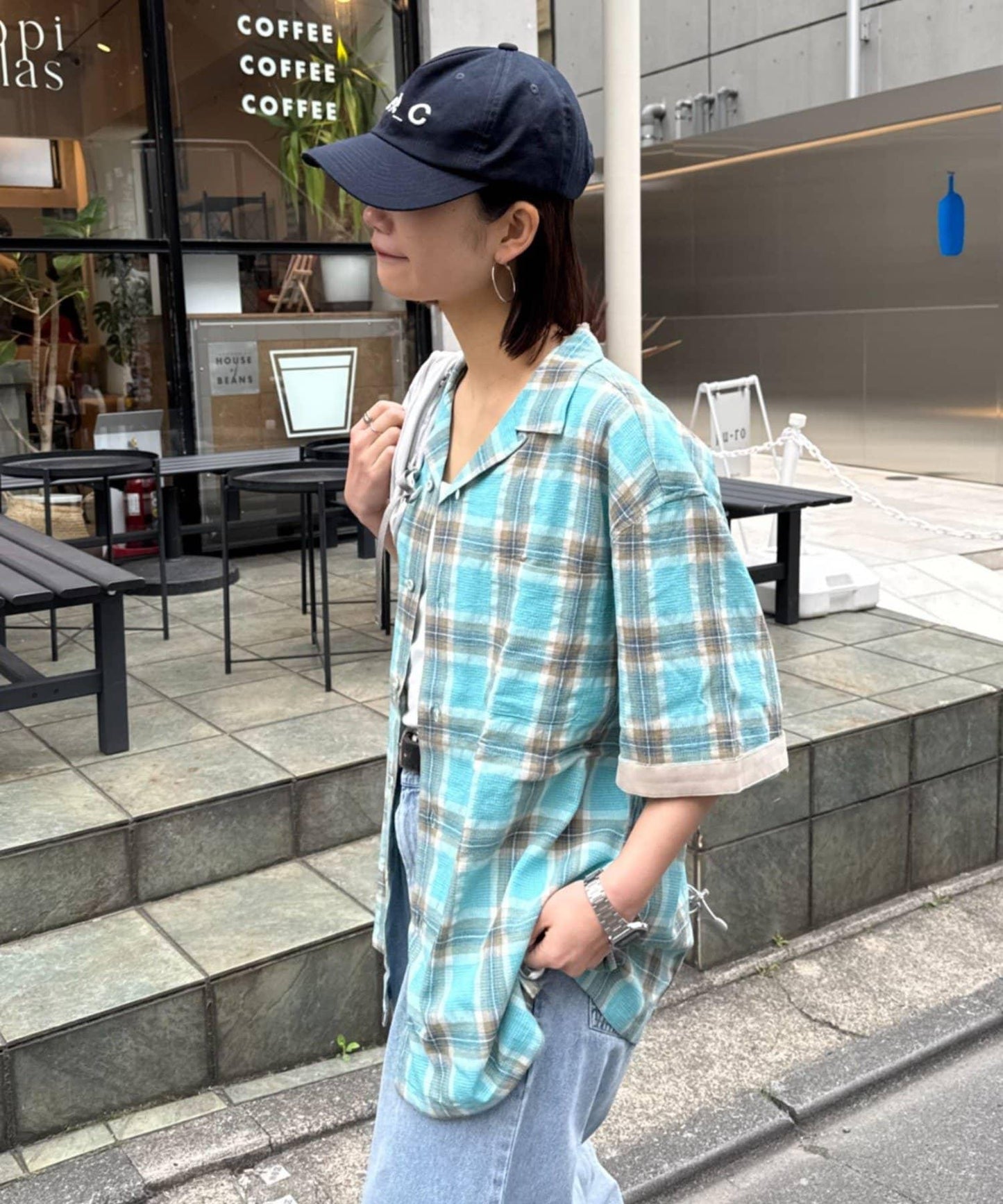 巴拿馬織 撞色袖 交叉設計 半袖格紋襯衫