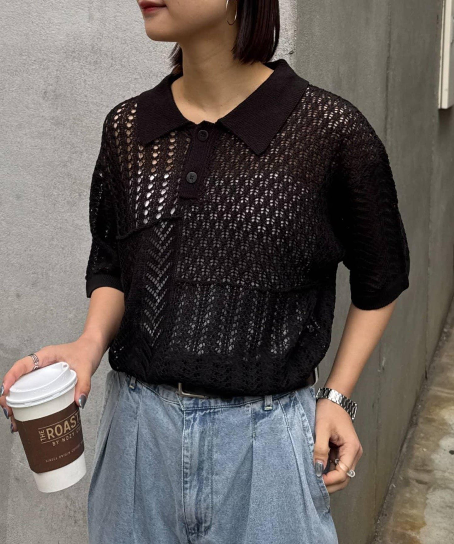 UNISEX 蕾絲編織拼接 針織POLO衫（網絡限定）