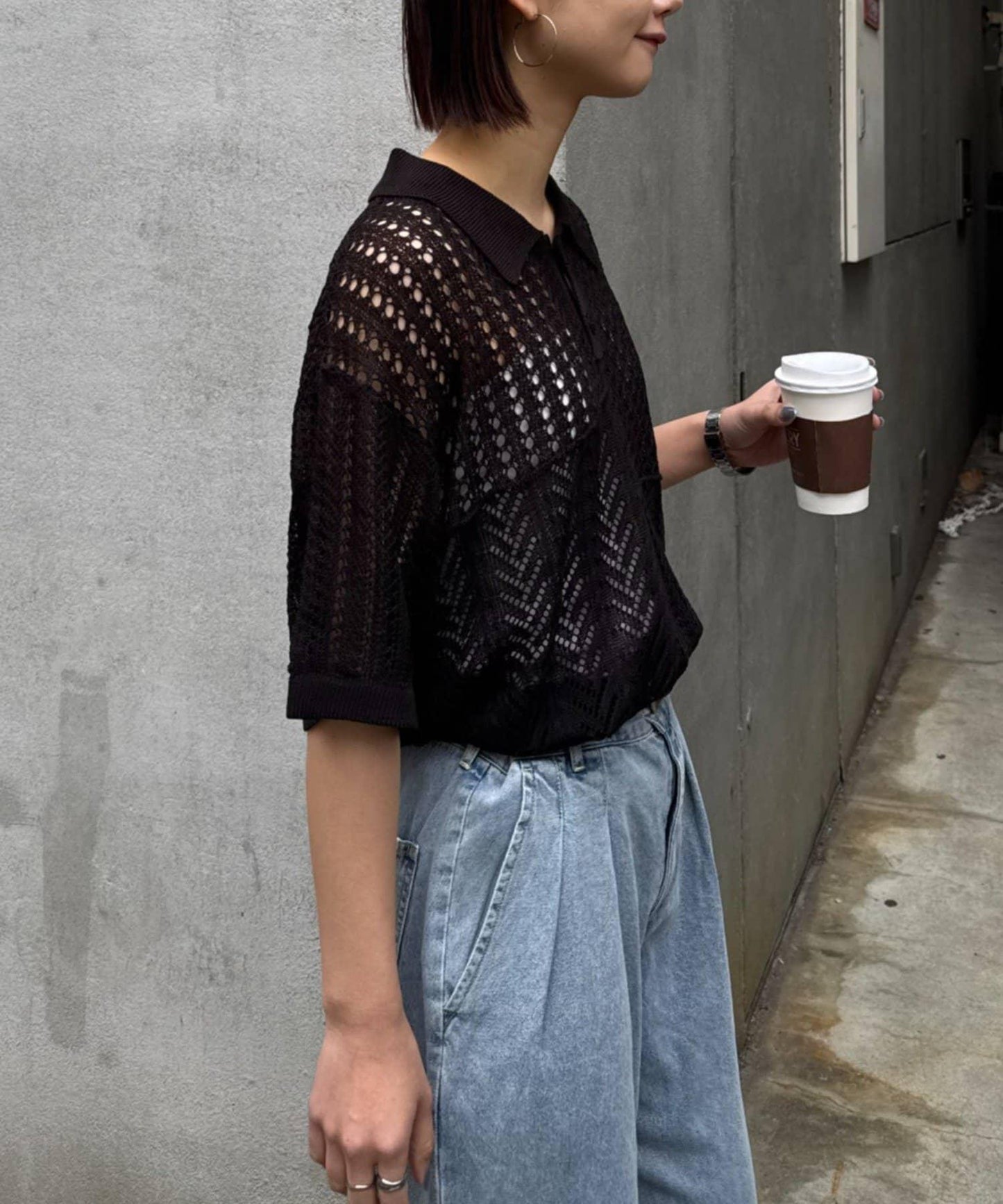 UNISEX 蕾絲編織拼接 針織POLO衫（網絡限定）