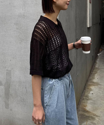 UNISEX 蕾絲編織拼接 針織POLO衫（網絡限定）