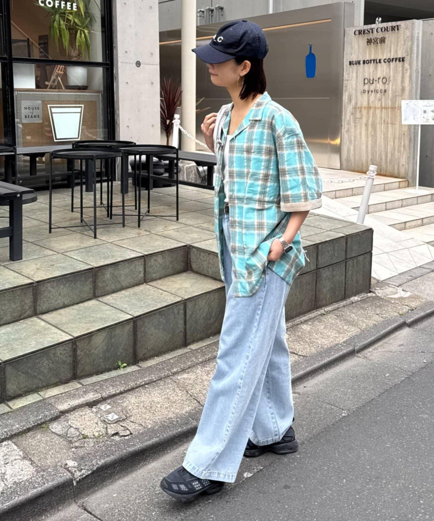 巴拿馬織 撞色袖 交叉設計 半袖格紋襯衫