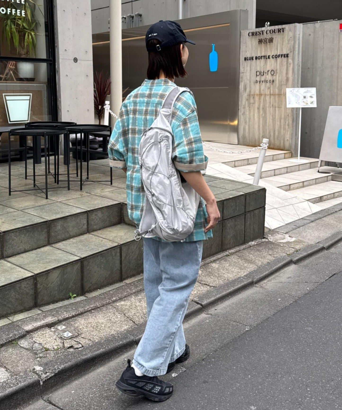 巴拿馬織 撞色袖 交叉設計 半袖格紋襯衫
