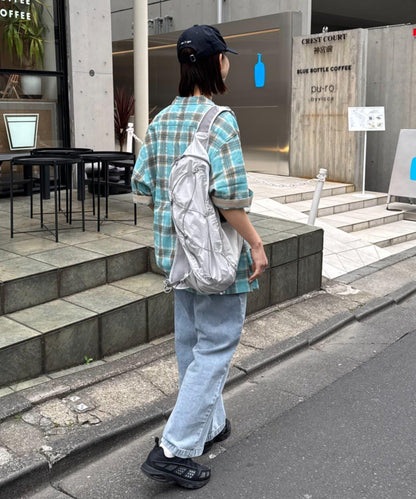巴拿馬織 撞色袖 交叉設計 半袖格紋襯衫