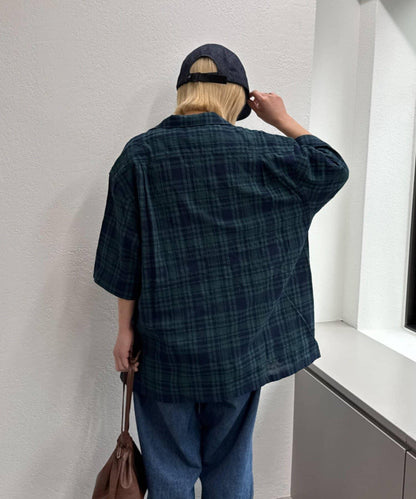 巴拿馬織 撞色袖 交叉設計 半袖格紋襯衫