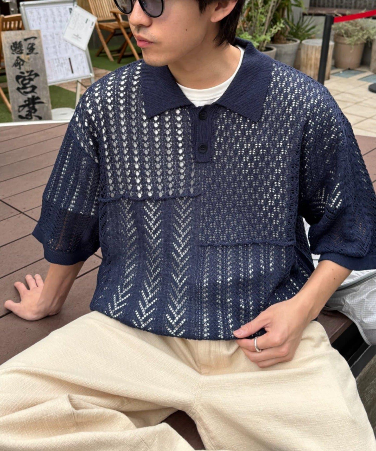 UNISEX 蕾絲編織拼接 針織POLO衫（網絡限定）