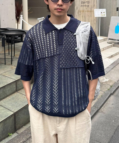 UNISEX 蕾絲編織拼接 針織POLO衫（網絡限定）