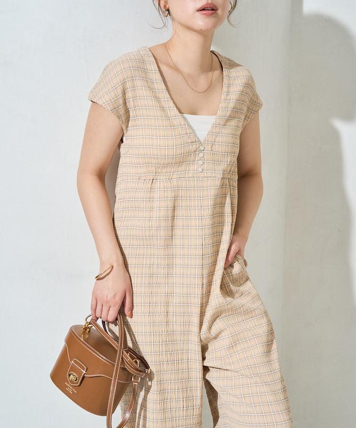 格紋紐扣連體褲