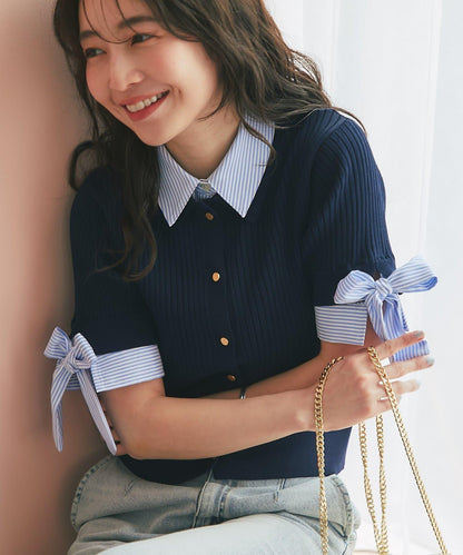 接觸冷感 UV功能 襯衫拼接 針織上衣