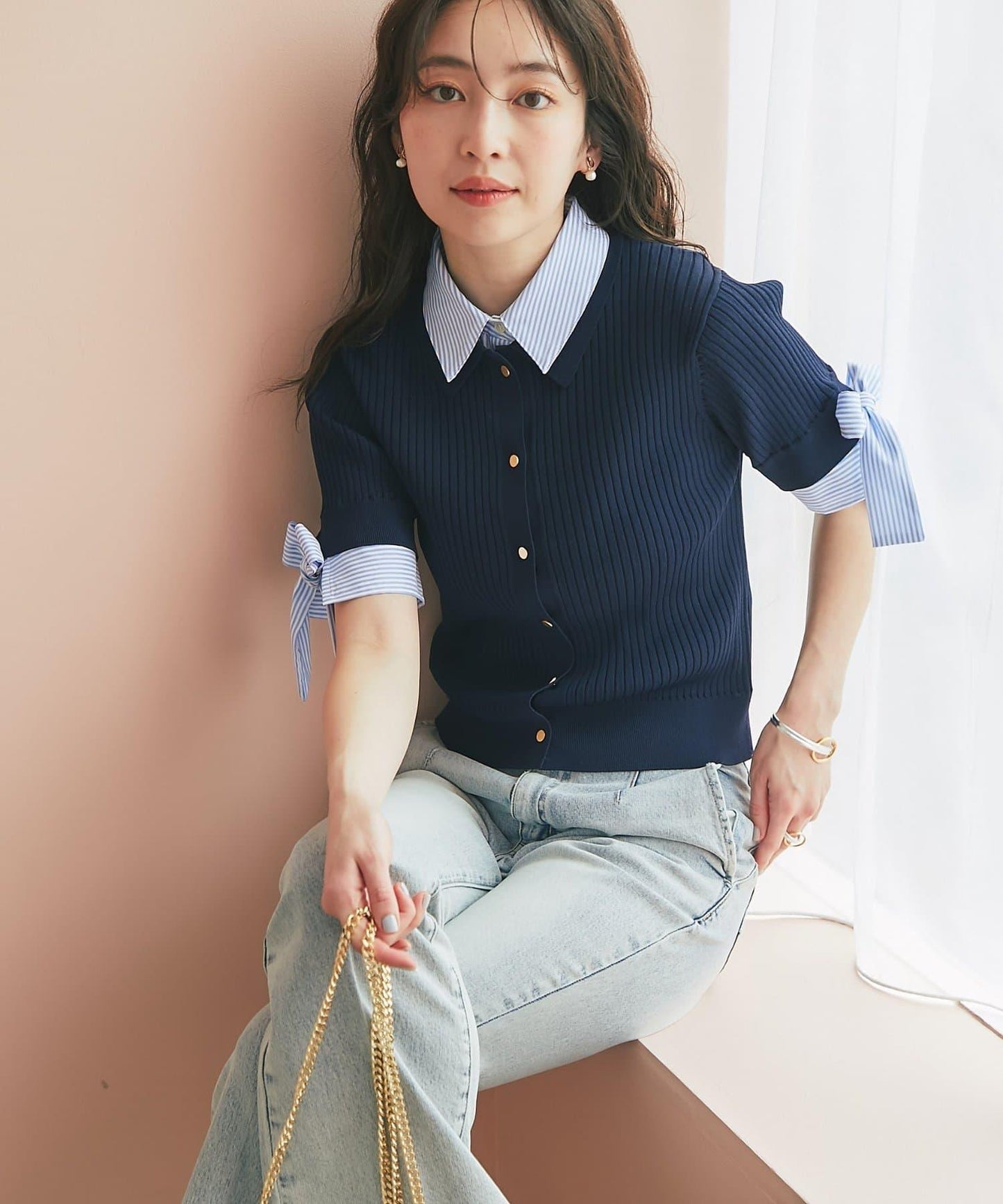 接觸冷感 UV功能 襯衫拼接 針織上衣
