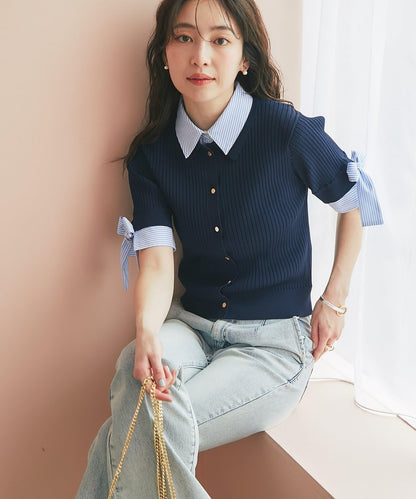 接觸冷感 UV功能 襯衫拼接 針織上衣