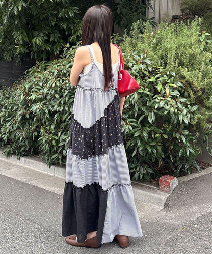 拼布混合圖案 長款 吊帶連衣裙