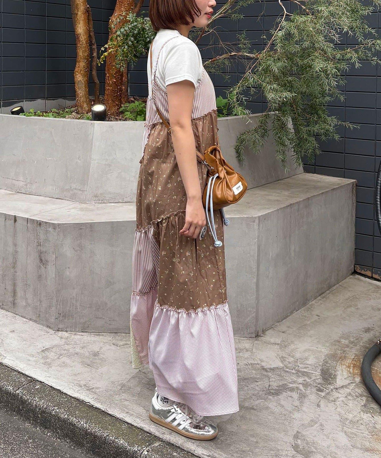 拼布混合圖案 長款 吊帶連衣裙