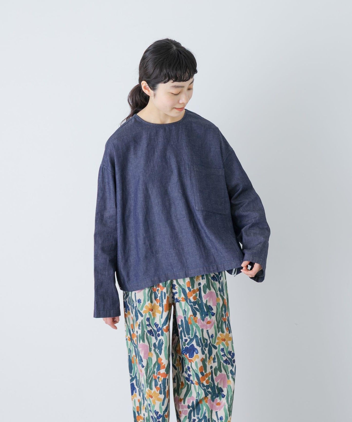 棉麻牛仔套頭上衣