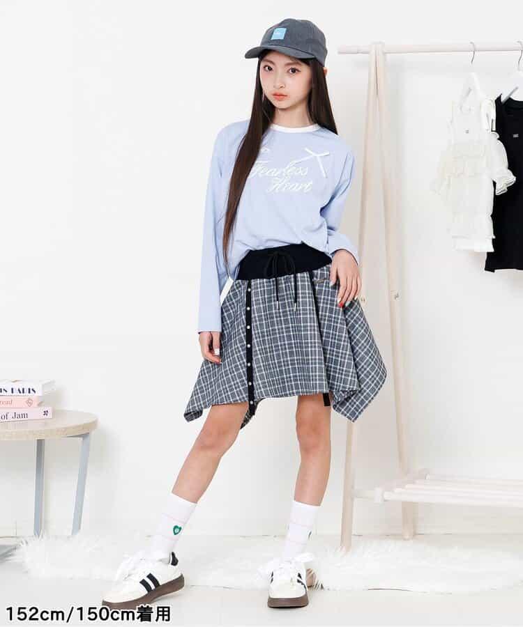 不對稱下襬格紋裙褲