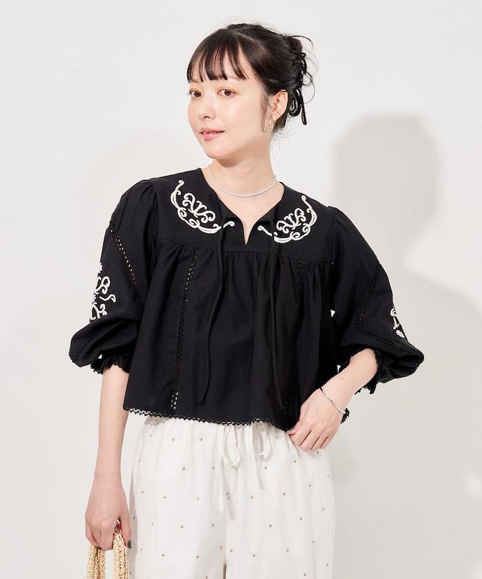 印度刺繡 mock領短款襯衫