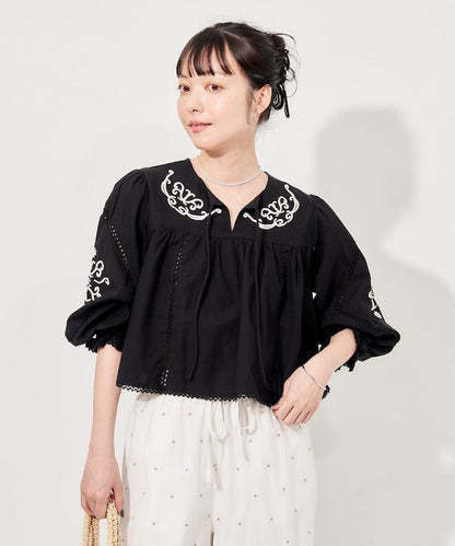 印度刺繡 mock領短款襯衫