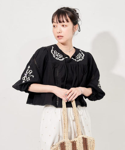 印度刺繡 mock領短款襯衫