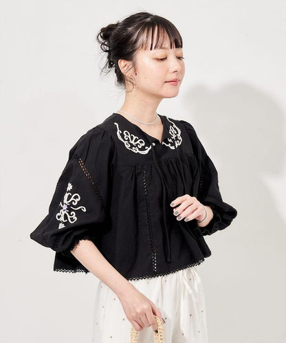 印度刺繡 mock領短款襯衫