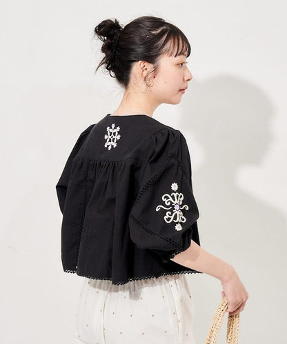 印度刺繡 mock領短款襯衫