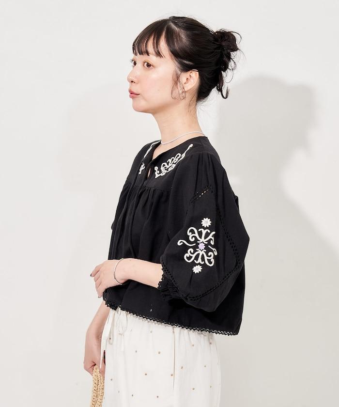 印度刺繡 mock領短款襯衫