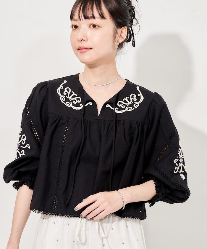 印度刺繡 mock領短款襯衫