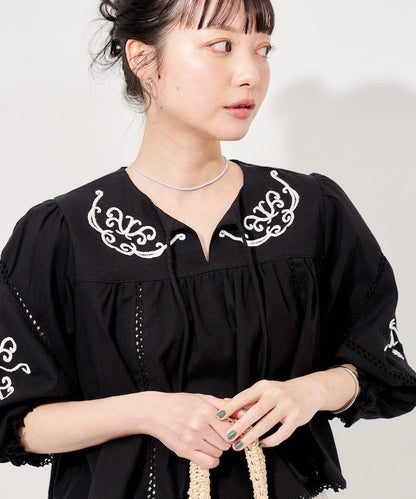 印度刺繡 mock領短款襯衫