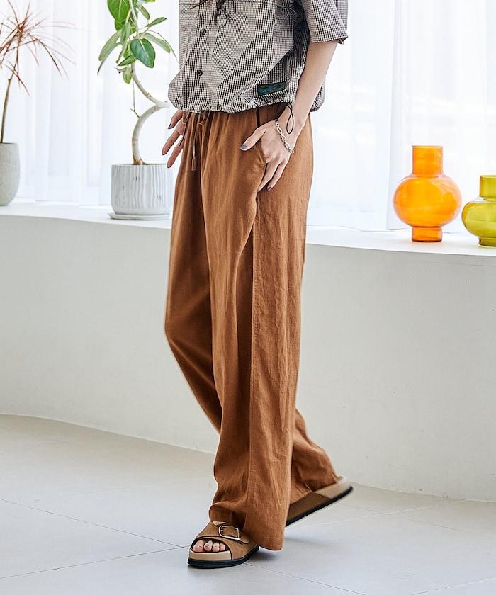 亞麻混紡鬆緊設計休閒褲（套裝可搭配）