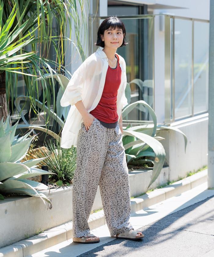 亞麻混紡鬆緊設計休閒褲（套裝可搭配）