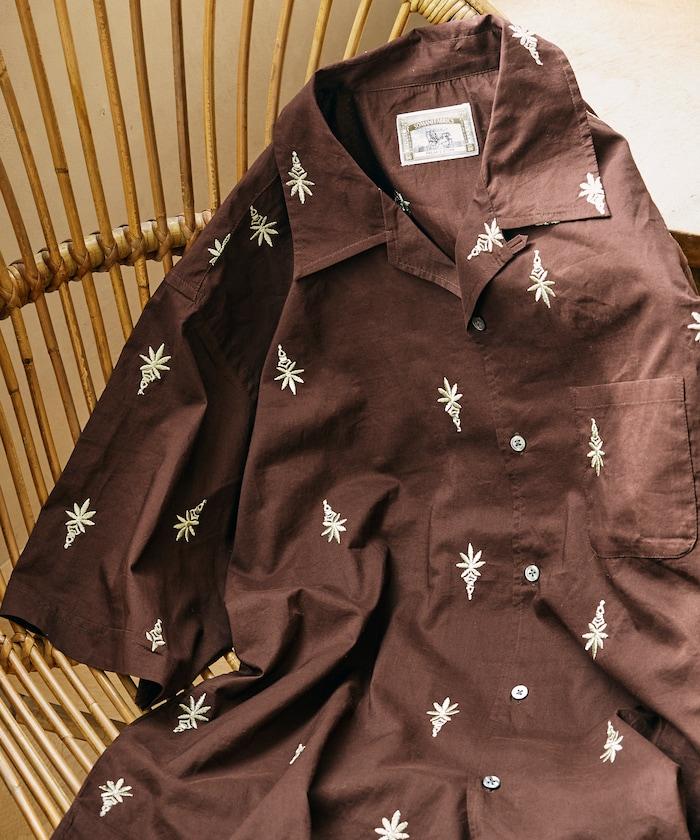 インド製 総柄 刺繍 リラックスフィット オープンカラーシャツ ショートスリーブ