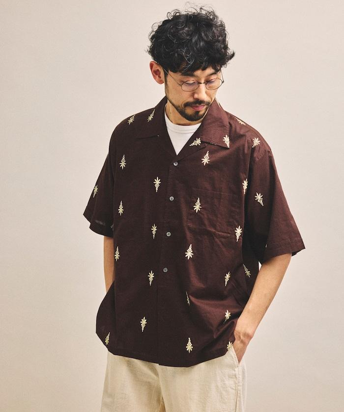 インド製 総柄 刺繍 リラックスフィット オープンカラーシャツ ショートスリーブ