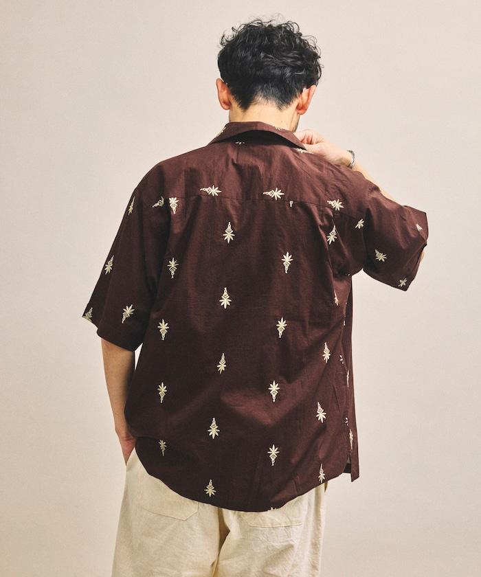 インド製 総柄 刺繍 リラックスフィット オープンカラーシャツ ショートスリーブ