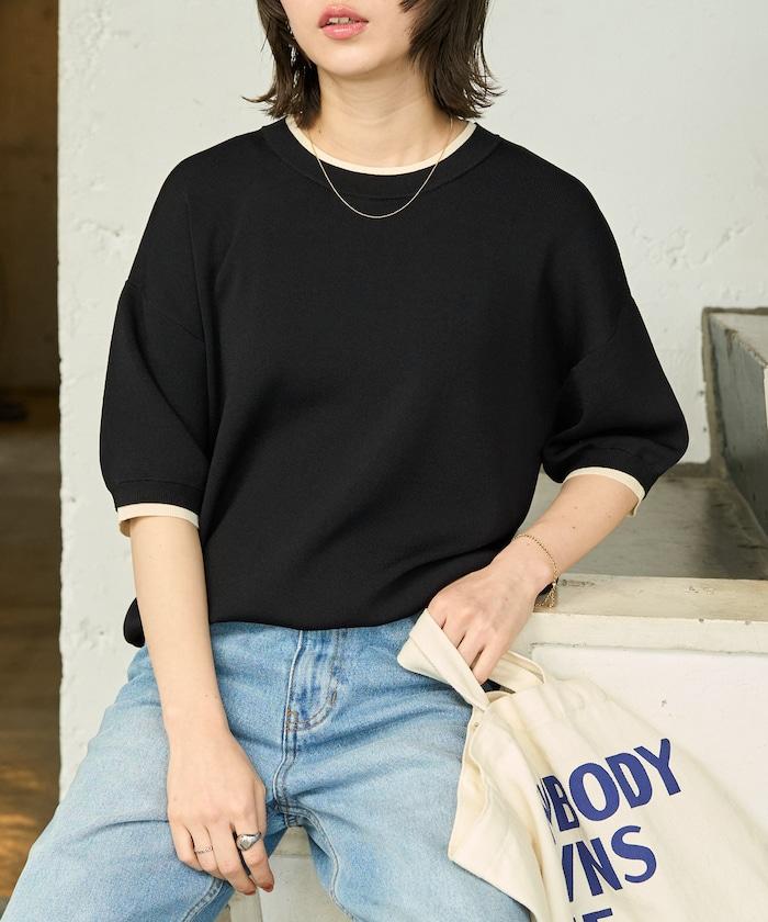 清涼觸感配色層次感短袖針織套頭上衣