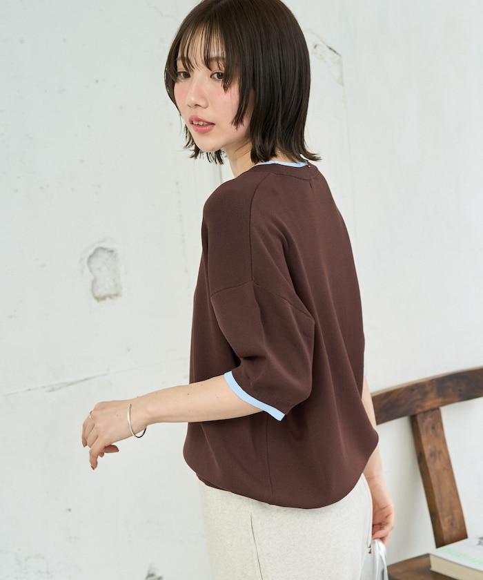 清涼觸感配色層次感短袖針織套頭上衣
