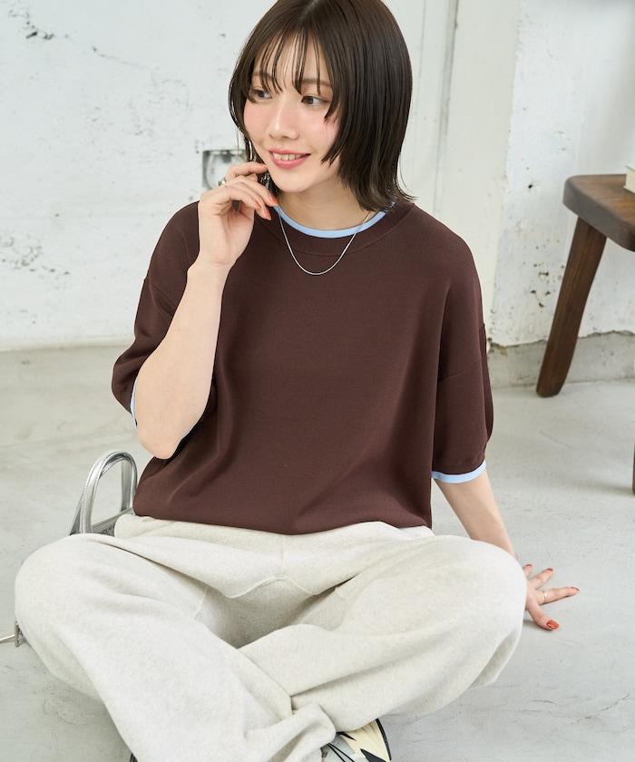 清涼觸感配色層次感短袖針織套頭上衣