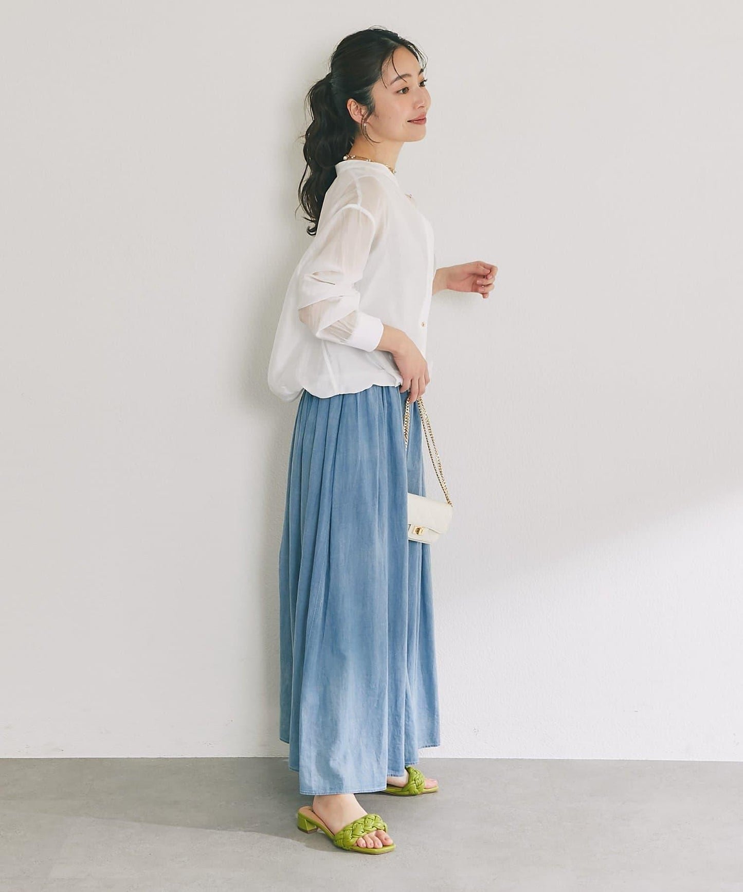 【La boutique BonBon】透視牛仔褶皺長半身裙