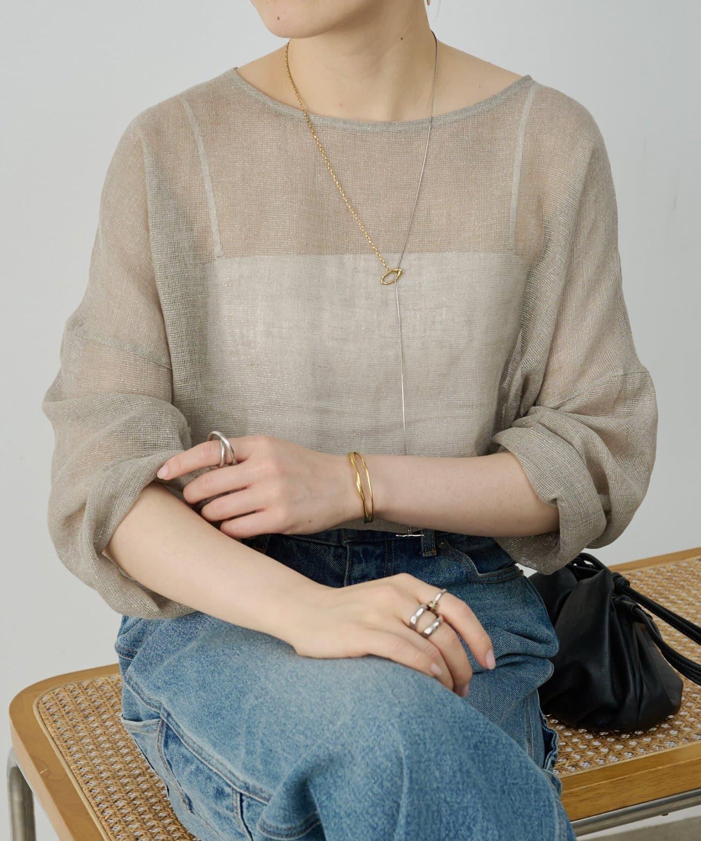 亮絲亞麻網眼套頭上衣