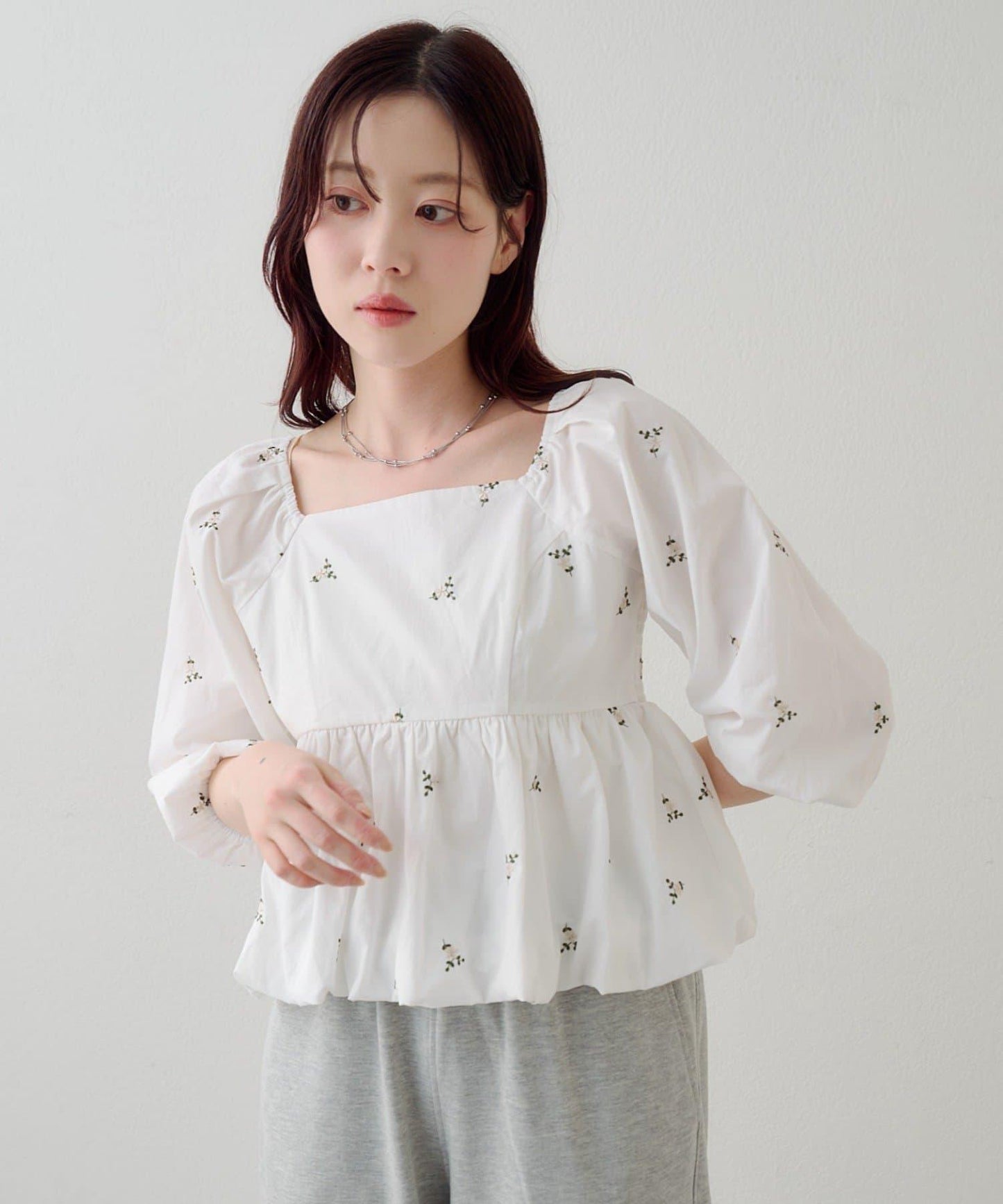 花卉圖案 泡泡袖 襯衫