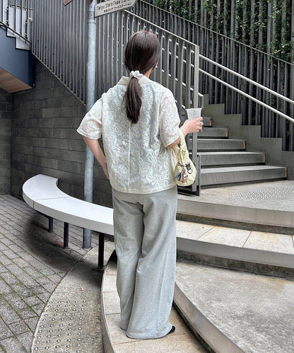 蕾絲開領短袖襯衫
