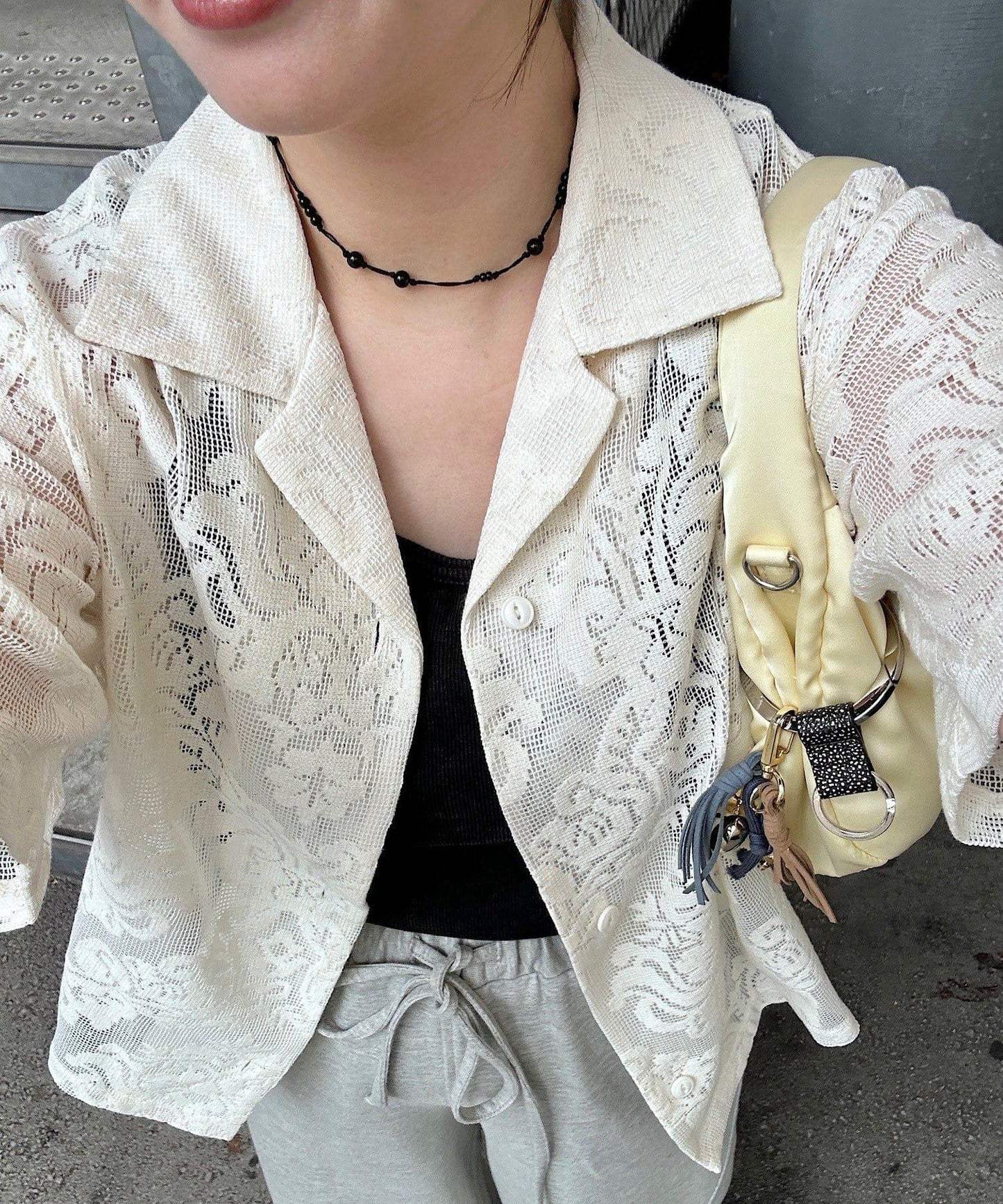 蕾絲開領短袖襯衫