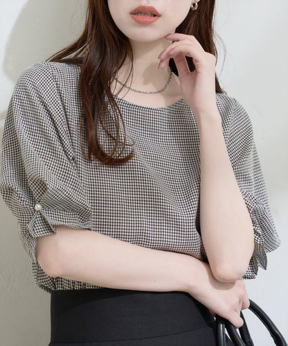 珍珠裝飾 打褶袖 女襯衫