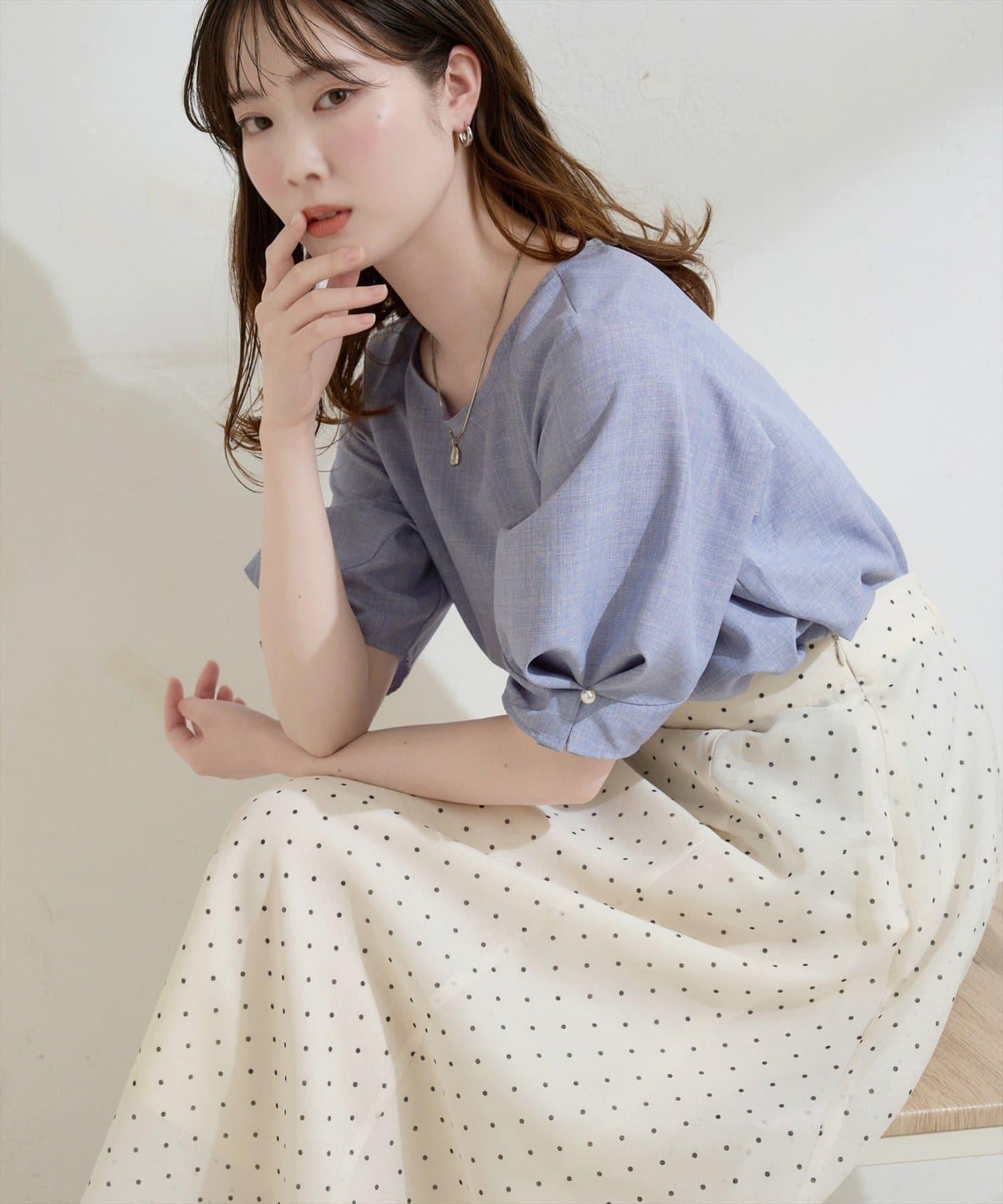 珍珠裝飾 打褶袖 女襯衫