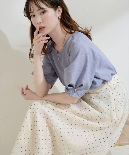 珍珠裝飾 打褶袖 女襯衫