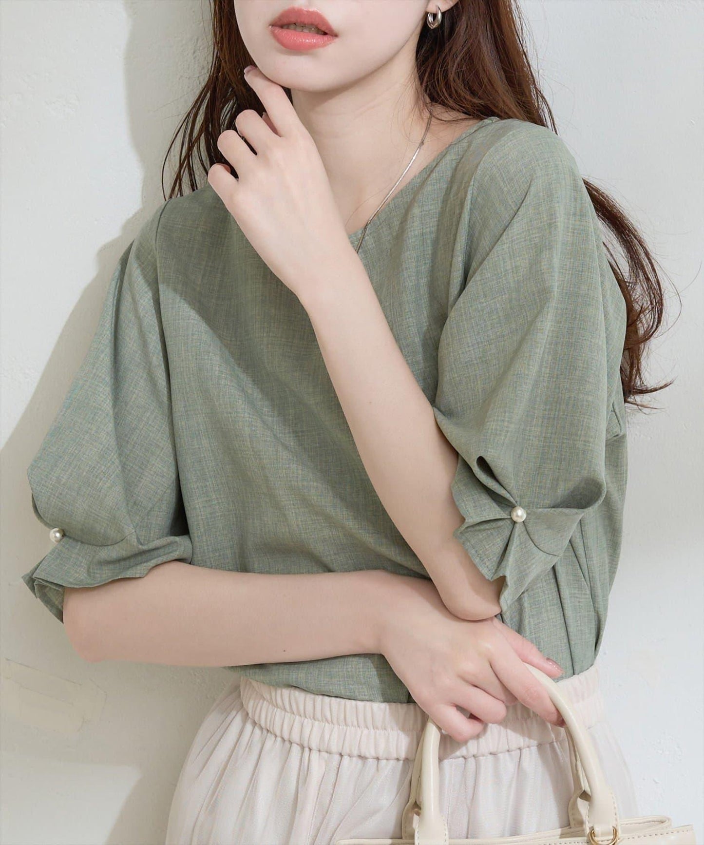 珍珠裝飾 打褶袖 女襯衫