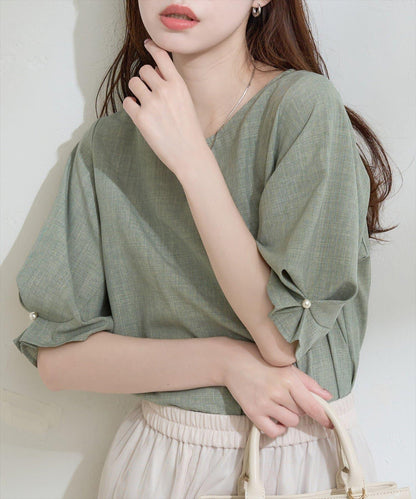 珍珠裝飾 打褶袖 女襯衫
