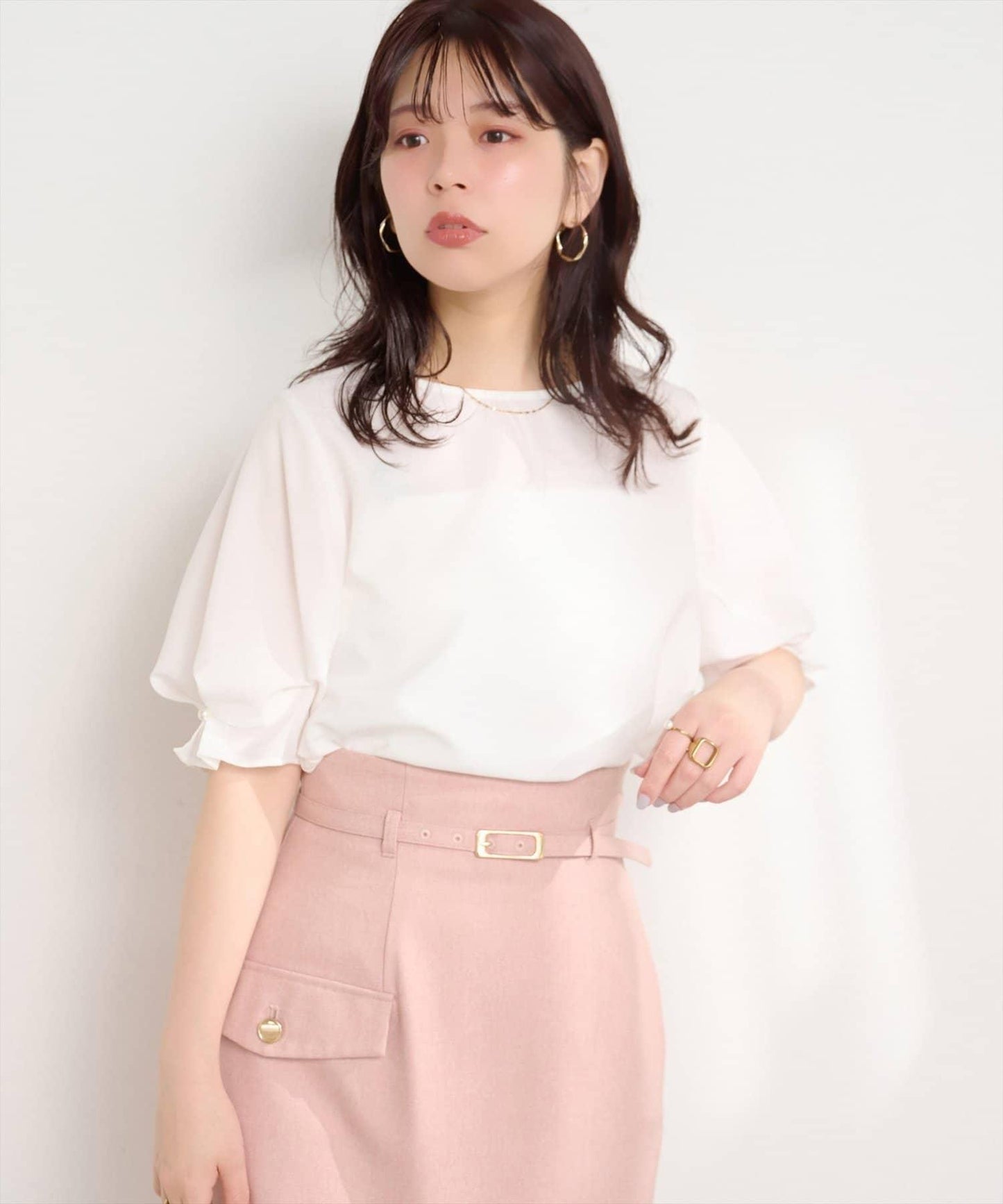 珍珠裝飾 打褶袖 女襯衫
