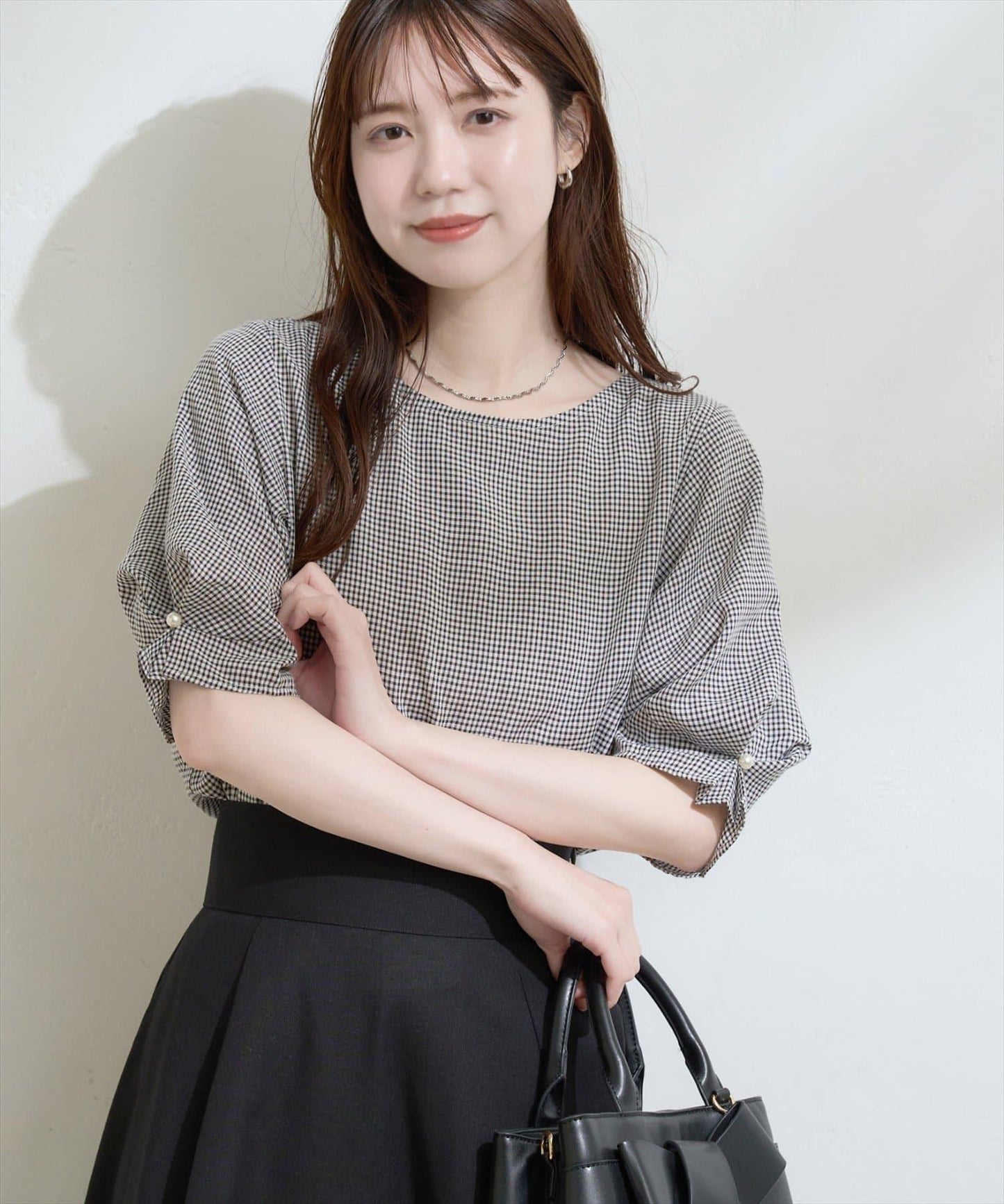 珍珠裝飾 打褶袖 女襯衫
