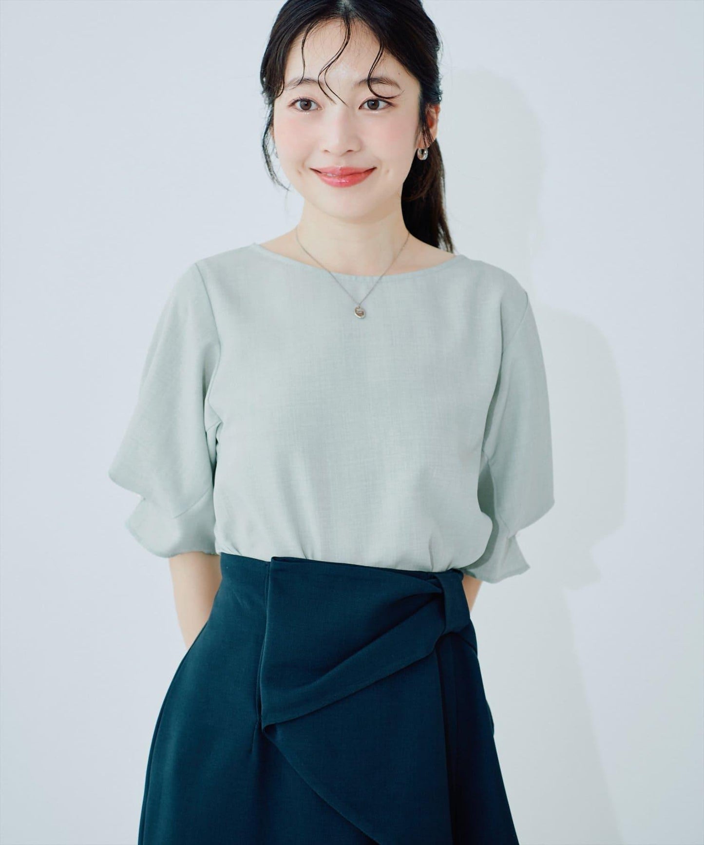 珍珠裝飾 打褶袖 女襯衫