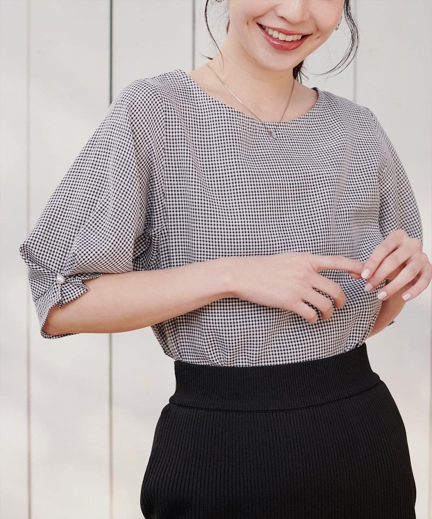 珍珠裝飾 打褶袖 女襯衫