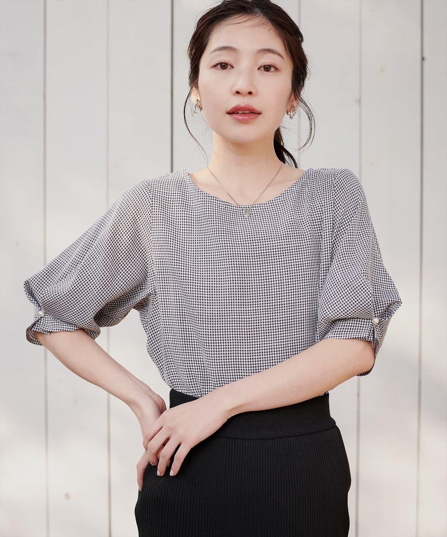 珍珠裝飾 打褶袖 女襯衫