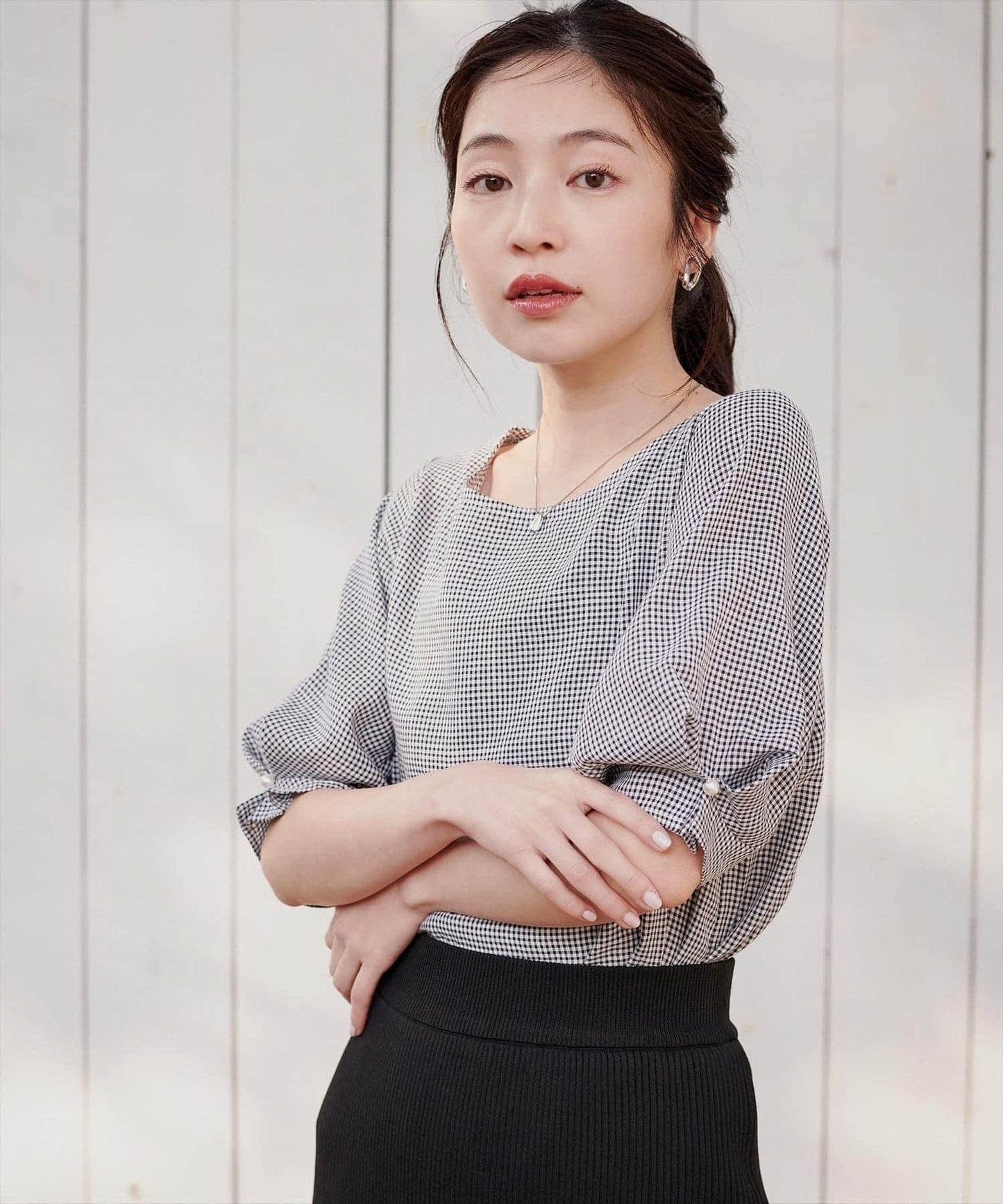 珍珠裝飾 打褶袖 女襯衫